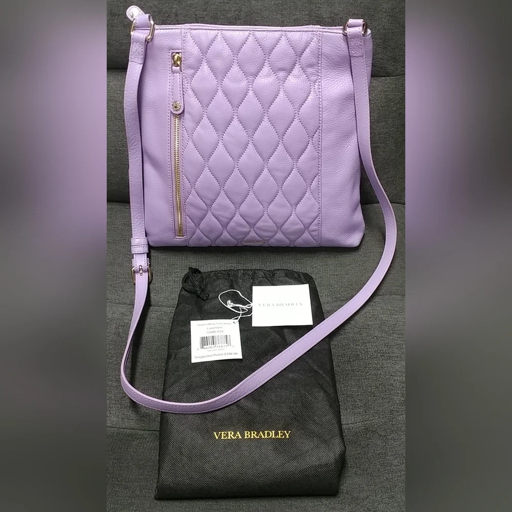 Vera Bradley Genuine Leather Quilted Molly Crossbody Lavender Purple Purse - Picture 2 of 16